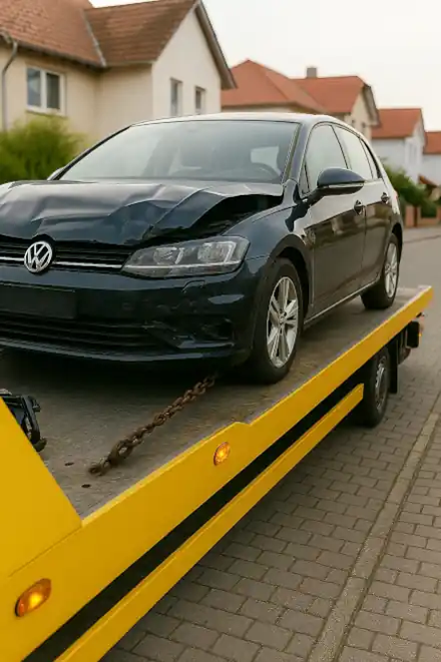 Ein defektes Fahrzeug, das im Zuge des Autoankaufs in Reutlingen professionell abgeschleppt wird.